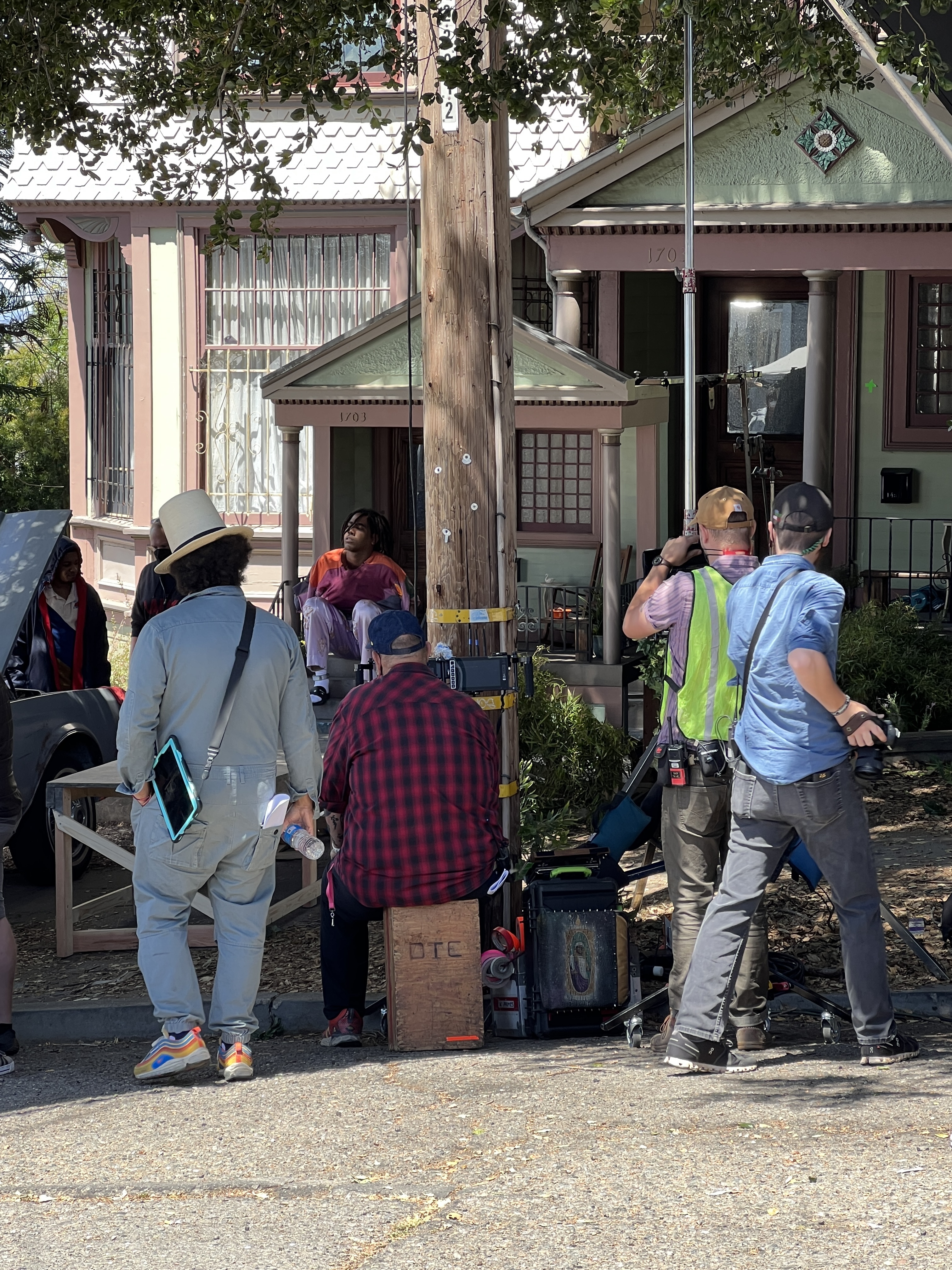 Video village with talent and camera team between takes