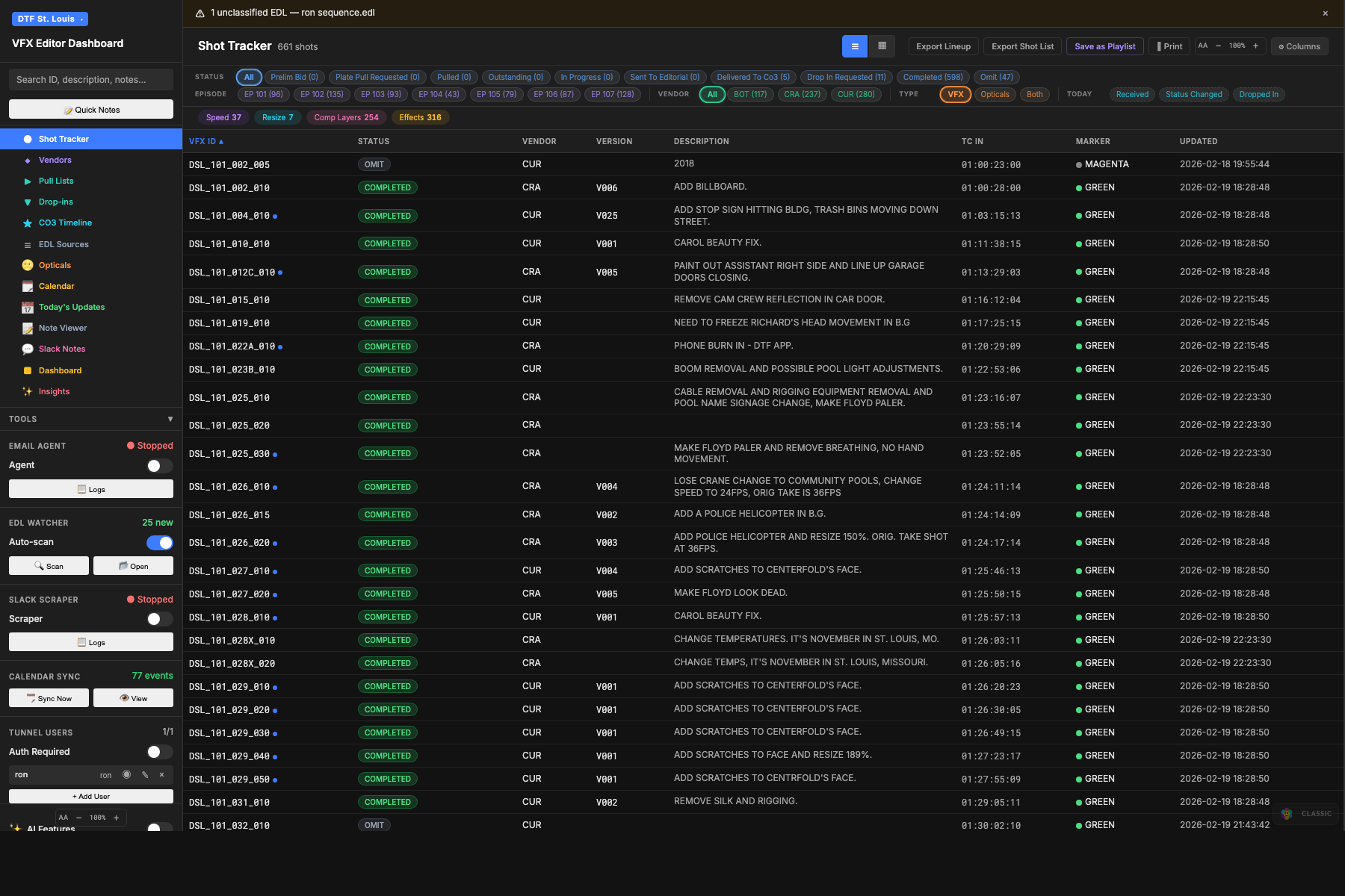 VFX Dashboard, Shot Lineup Sheet