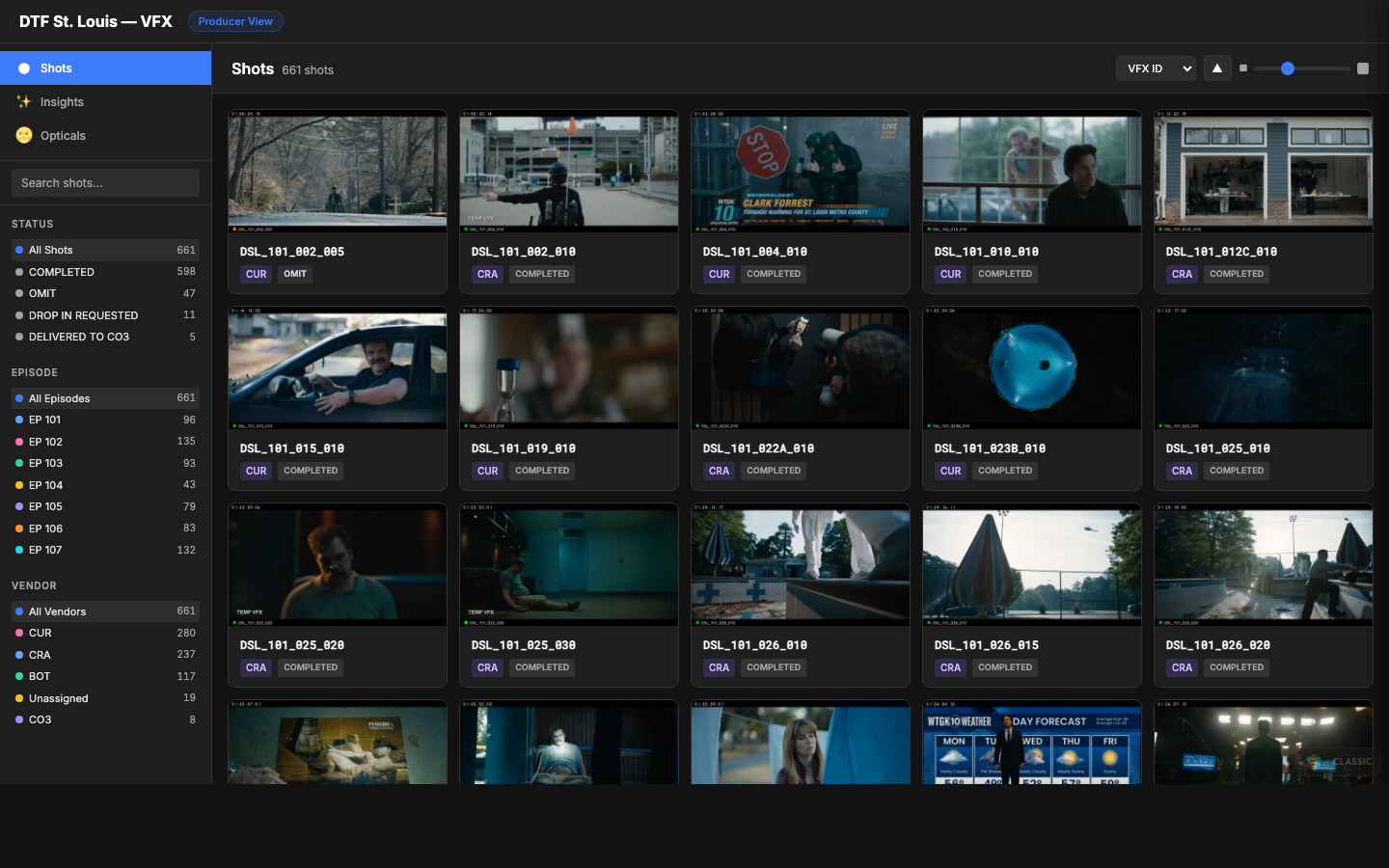VFX Dashboard, Producer View