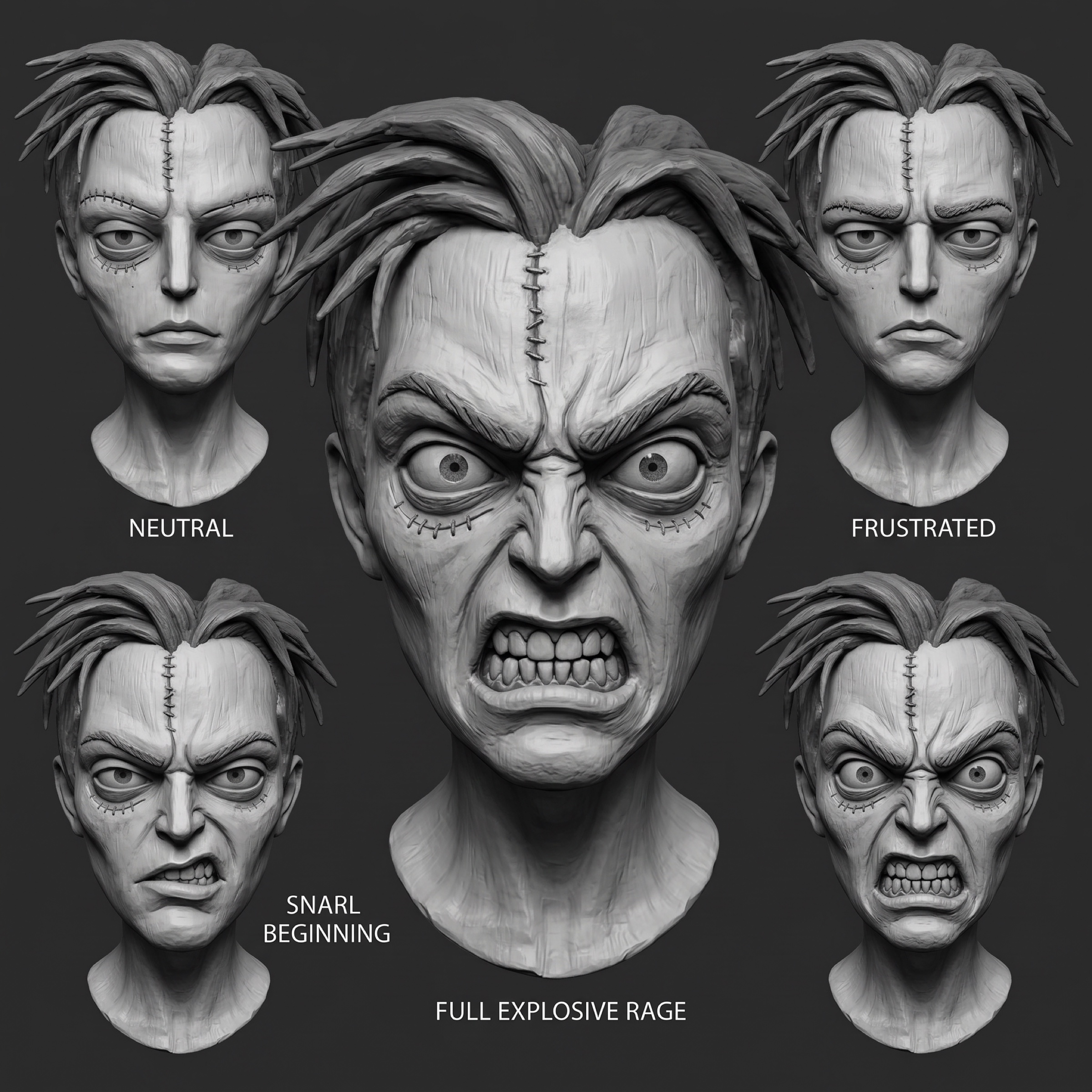 Character expression range sheet, neutral to full rage