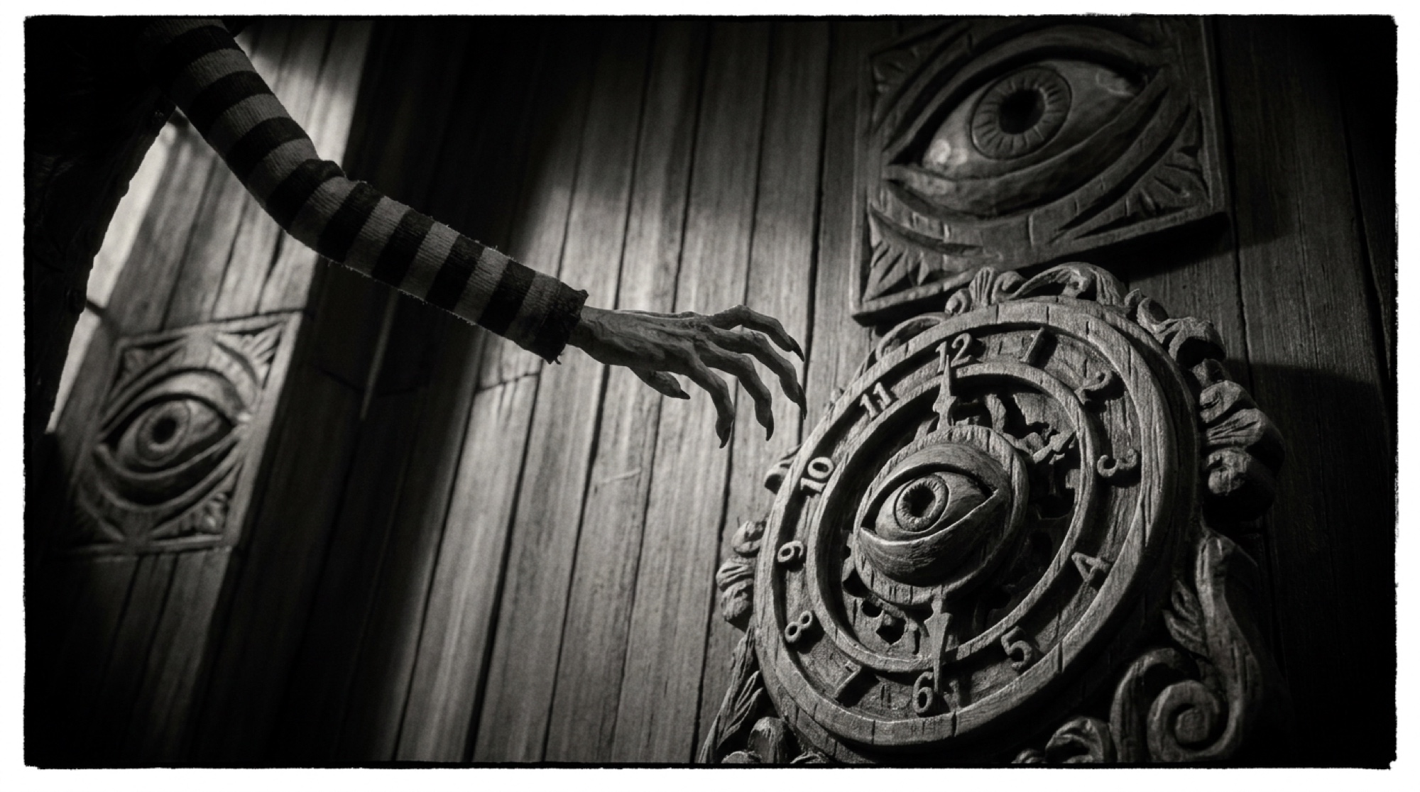 Hand reaching the ornate eye-disc