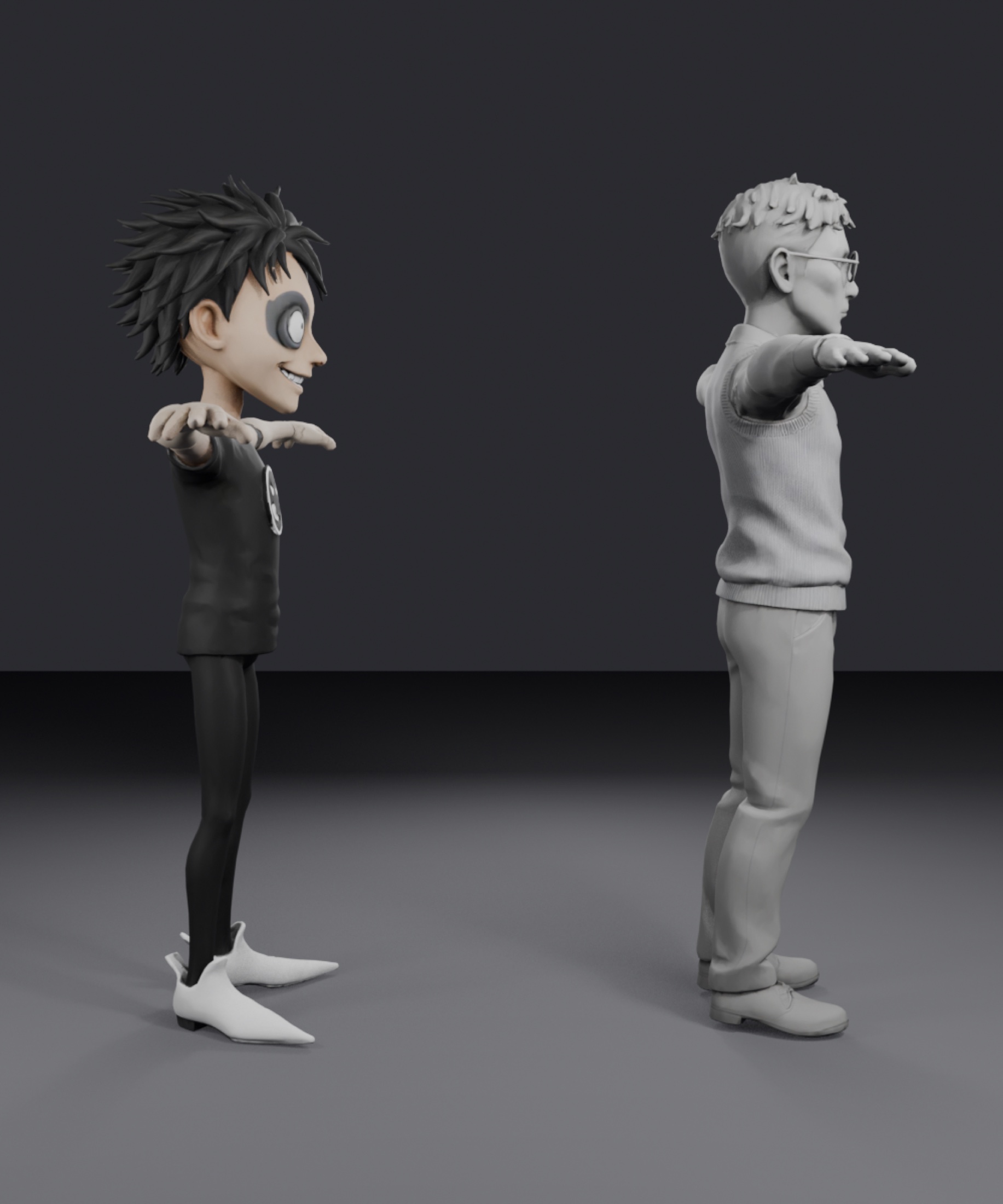 Two character puppets, front turnaround in Blender