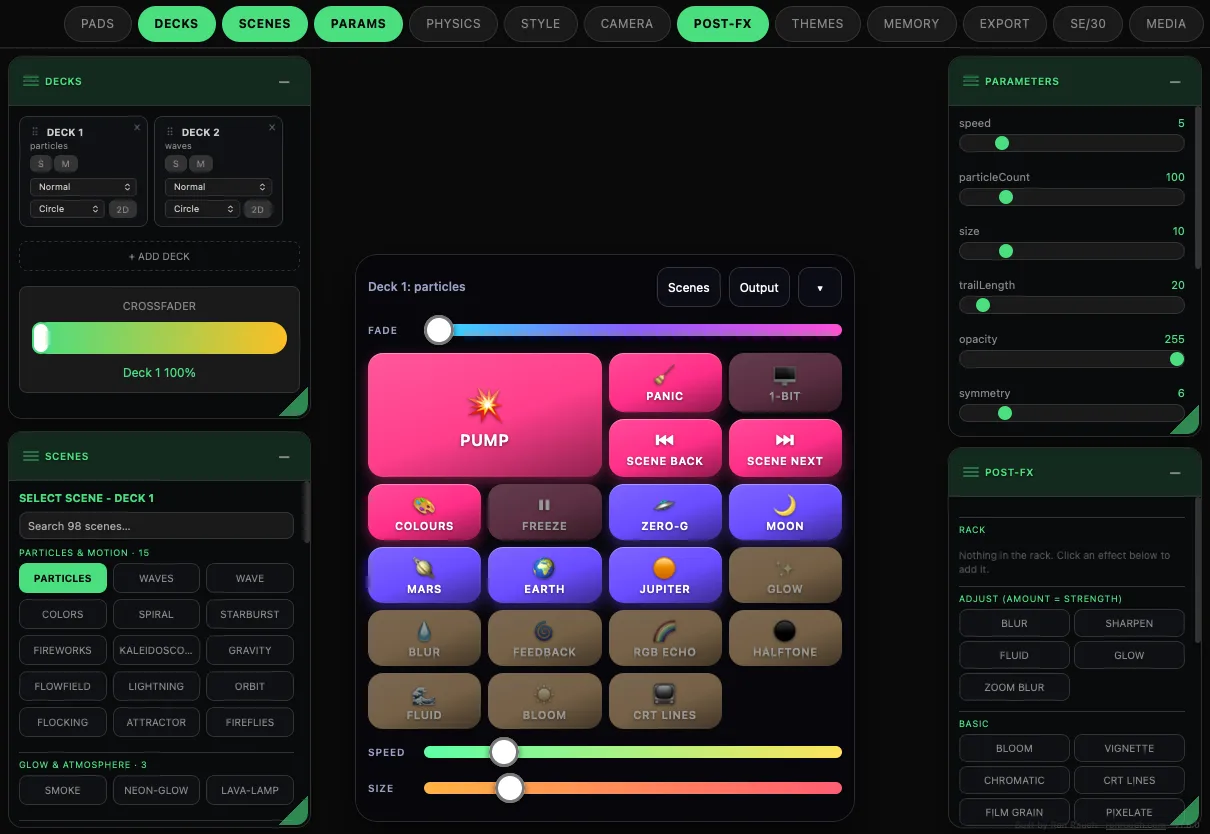 Pocket VJ Pro on iPad with two decks, the crossfader and the performance pads