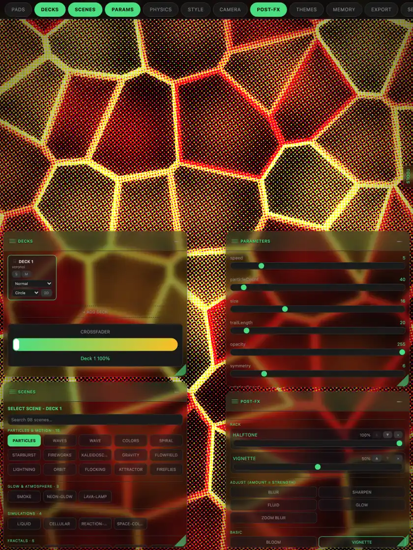 The Pocket VJ Pro studio on iPad, with the controls open over a halftone look